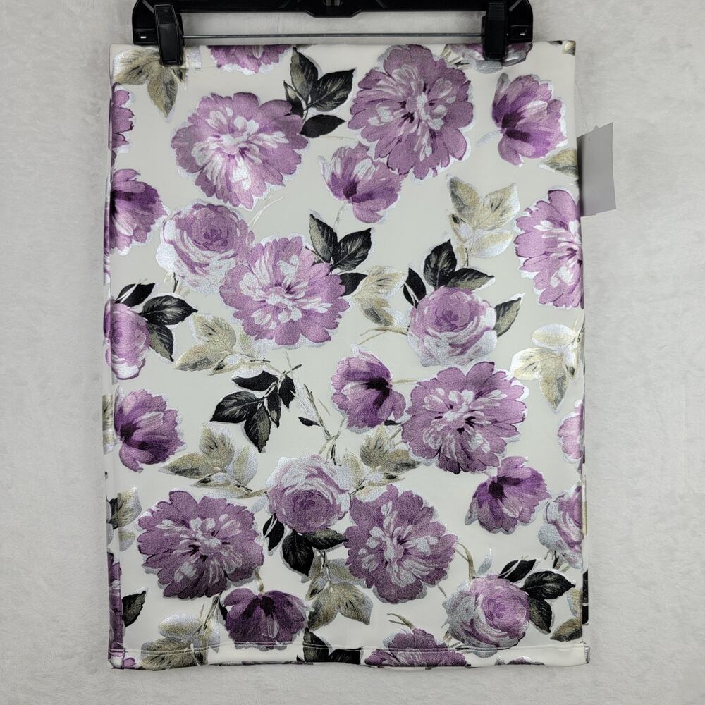 Purple Metallic Floral Skirt Cottagecore Pull On Fitted Stretch Slit Medium